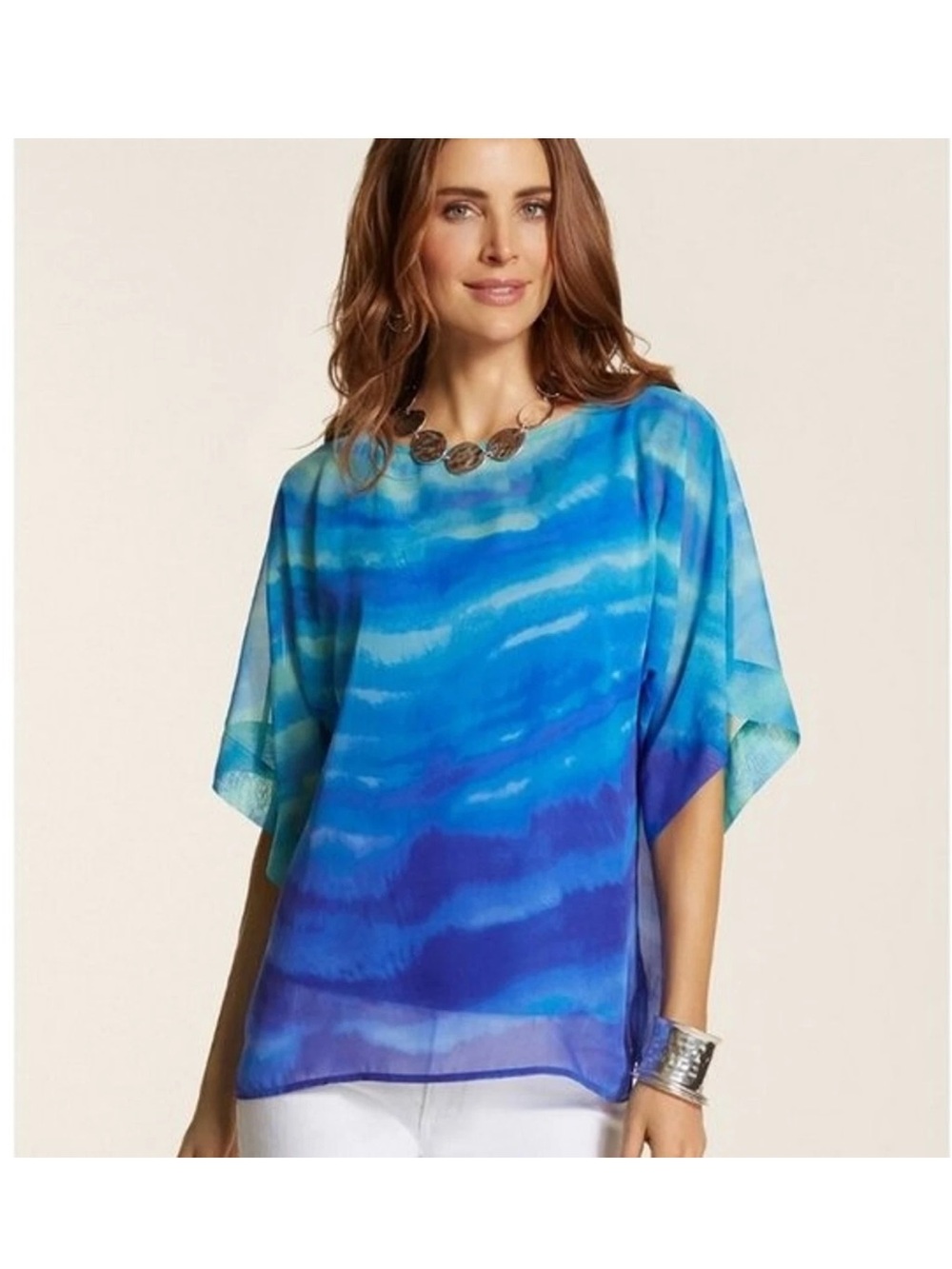 Chico’s Blue Tie-Dye Lightweight Dolman Sleeve Cana Top Size 2 (Large)